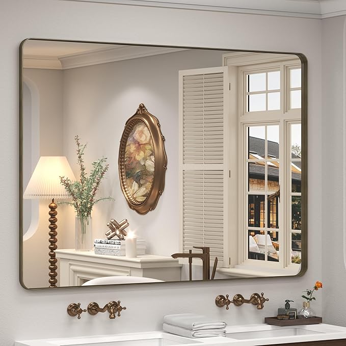 48x36 Bronze Framed Mirror for Wall, Bathroom Vanity Mirror with Brushed Bronze Metal Frame for Modern Farmhouse, Rounded Corner, Anti-Rust, Tempered Shatterproof (Horizontal/Vertical)