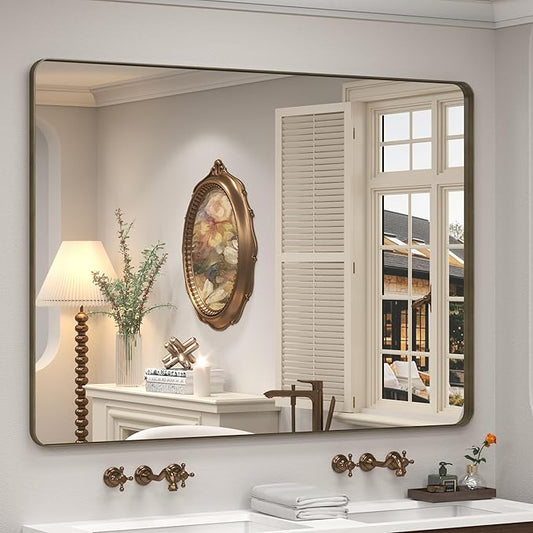 48x36 Bronze Framed Mirror for Wall, Bathroom Vanity Mirror with Brushed Bronze Metal Frame for Modern Farmhouse, Rounded Corner, Anti-Rust, Tempered Shatterproof (Horizontal/Vertical)