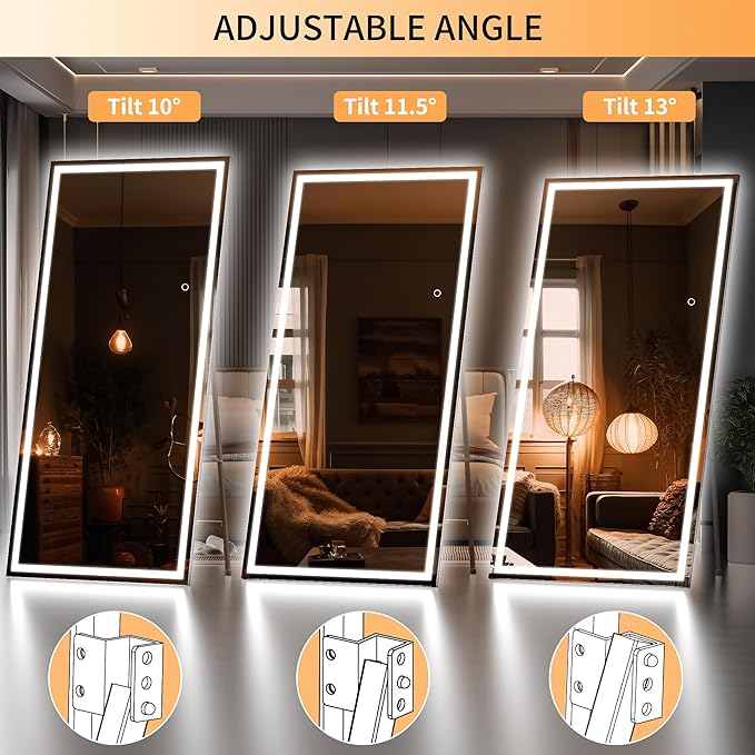 Hasipu Full Length Mirror with Lights, 79" x 32" LED Lighted Floor Standing, Full Body Dressing Hanging Mounted Mirror, Tempered Glass, Square Black
