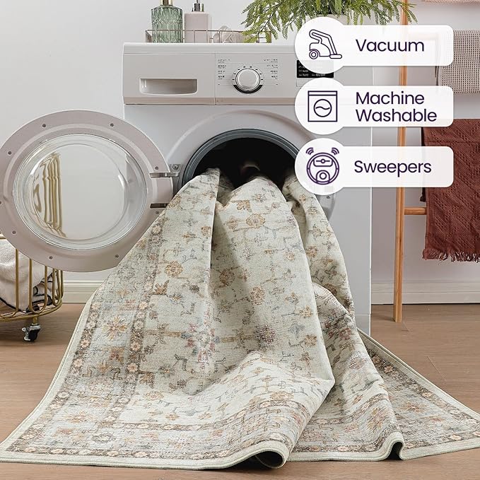 DEXI Area Rugs for Living Room, 5x8 Washable Low Pile Floral Rug for Bedroom, Non Slip Indoor Carpet for Dining Office Nursery, Ivory