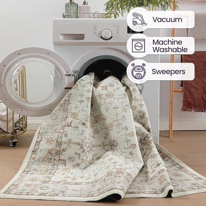 DEXI Area Rugs for Living Room, 5x8 Washable Low Pile Floral Rug for Bedroom, Non Slip Indoor Carpet for Dining Office Nursery, Ivory