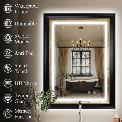 ROLOVE 23x33 Inch Antique Black and Gold Mirror for Wall, Lighted Vintage Mirrors for Bathroom with Anti-Fog, Waterproof Frame, Shatterproof Glass, Ornate Baroque Mirror for Entryway & Powder Room