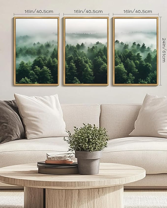 PHOPAGO Green Fog Pine Tree Framed Wall Art Large 16x24in Nature Misty Nordic Forests Artwork Morden Paints Bedroom Living Room Home Decor - Natural Framed