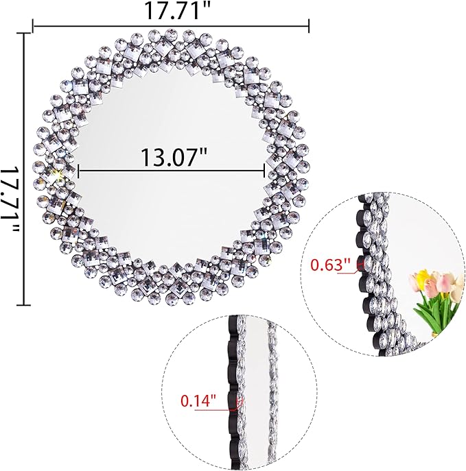 SHYFOY 18" Round Mirrors for Wall Decor Crystal Decorative Mirrors Jeweled Accent Mirror for Living Room Silver Modern Mirror for Entryway Hallway