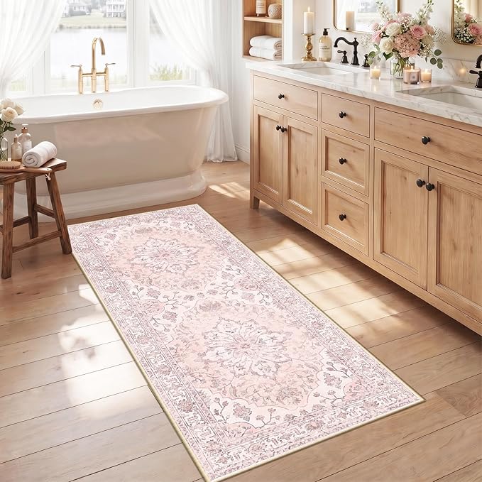 RELEANY Area Rugs 2'6"x5' Runner Rug Non Slip Washable for Kitchen Hallway Bedroom Beside Laundry Room Bathroom Rug, Floor Carpet, Pink Greypink Cute