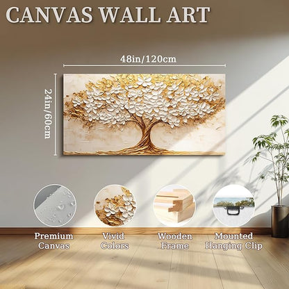 crmotu Tree of Life Large Wall Art, Blooming Flower Tree Art Prints, White Gold Abstract Landscape Paintings, Modern Trendy Home Wall Decor Living Room Bedroom Above Bed Canvas Pictures 24x48 Inch