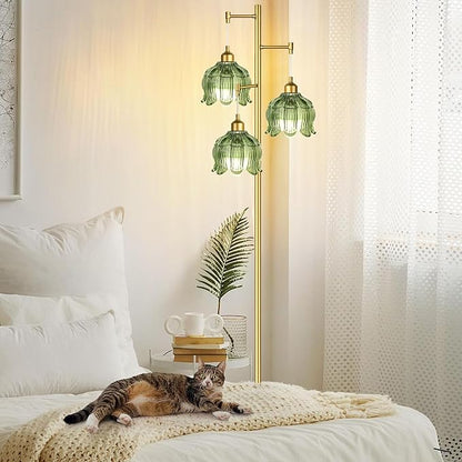 ZECOXOL Vintage Floor Lamps for Living Room Bedroom-3 Light Glass Floor Lamp with Three Led Bulb, Modern Mid Century Standing Lamp Brass Tall Lamp Gold Tree Floor Lamp for Bedroom Corner