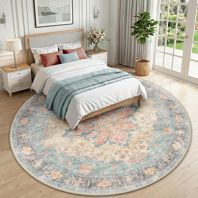 RELEANY Area Rugs Round 10ft Washable Non-Slip, Floral Vintage Distress Print Pattern Medallion Carpet for Living Room Bedroom Dining Room, Blue Orange Red