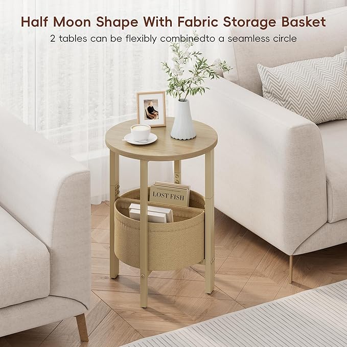 Vagusicc Small Round Side Table End Table, Tall Accent Table with Storage Basket, Set of 2 Half Round Tables Half Moon Tables, Coffee Bedside Tables, Modern Nightstand for Living Room Bedroom,Natural
