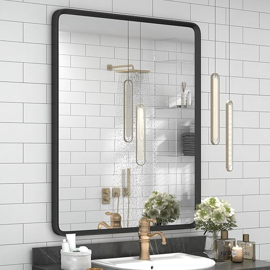 24x32 Black Bathroom Mirror, Black Matte Metal Framed Vanity Mirror, Rounded Rectangle Mirror, Anti-Rust, Shatterproof (Horizontal/Vertical)
