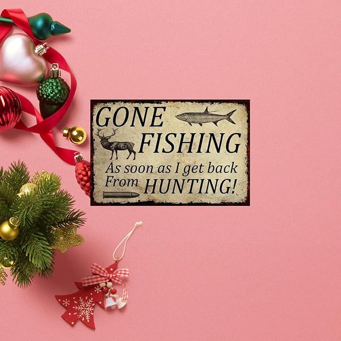 Vintage-Sign Rustic-Poster Wall-Art Hunting-Lovers, Gone Fishing from Hunting, Decor Gift Plaque for Man Cave Home Farm Fence Bathroom Bedroom 8 X 12 Inch