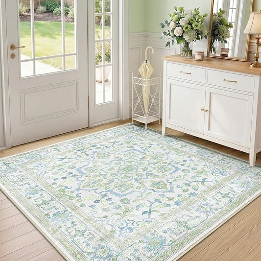 CAPALOCA Machine Washable Rugs Nursery Rug Sq5ft Cute Girl Non Slip Low Pile Water Repellent Soft Print Pattern for Bedroom Indoor Decor Kids Playroom Green Blue