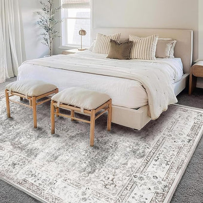 CHAMPLANT Washable Area Rug 3'x5' Vintage Traditional Floor Cover Foldable Thin Rugs Retro Kitchen Indoor Distressed Non Slip Carpet Floral Print Mat Bedroom Living Room