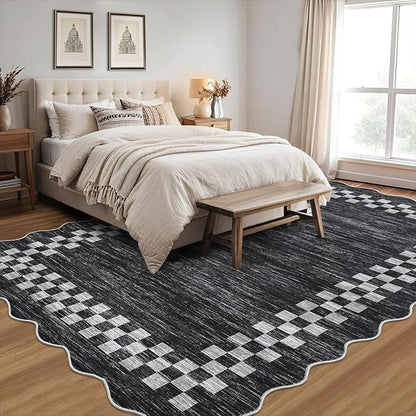 GarveeHome 8x10 Area Rug for Living Room Scalloped Washable Large Bedroom Rug Non Slip Stain Resistant Modern Border Dining Room Throw Carpet Scalloped Boho Rug for Home Decor Office Nursery, Grey