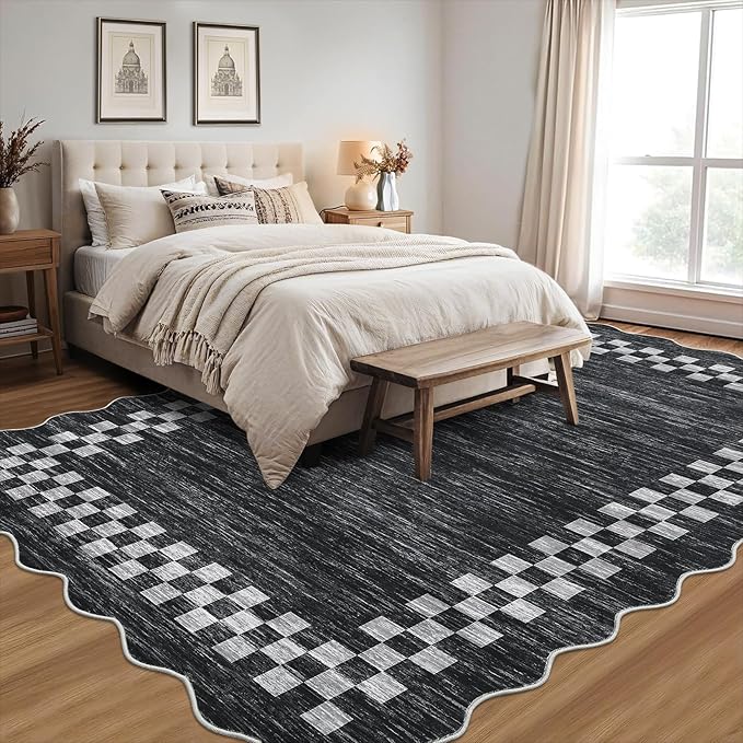 Small Bedroom Area Rug 3x5 Checkered Area Rug for Living Room Nursery Non Slip Kitchen Throw Carpet Low Pile Modern Bordered Rugs Washable Bathroom Mat Soft Brown Rugs for Laundry Entryway, Grey
