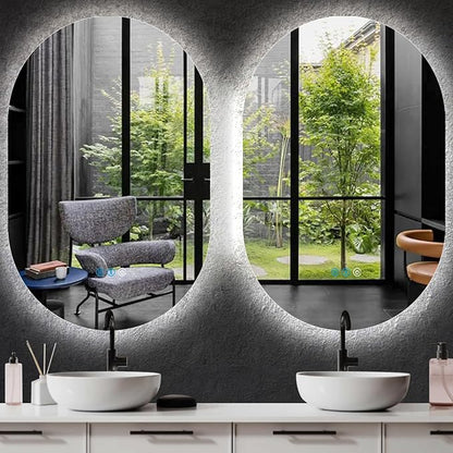 THEKLA 20 x 32 Inch Backlit Oval Lighted Vanity Mirror with Lights Smart Memory 3 Color Dimmable AntiFog 32" Frameless LED Oval Backlit Mirror for Bathroom Makeup Table Wall Vertical/Horizontal Mount