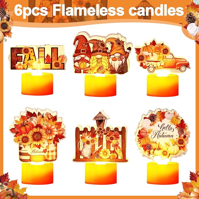 Tuanse 6 Pcs Hello Autumn Tea Lights Candles Fall Table Centerpieces for Dinner Fall LED Flameless Tealight Candles Thanksgiving Table Centerpieces for Home Office Kitchen Indoor Party Decor