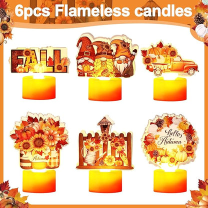 Tuanse 6 Pcs Hello Autumn Tea Lights Candles Fall Table Centerpieces for Dinner Fall LED Flameless Tealight Candles Thanksgiving Table Centerpieces for Home Office Kitchen Indoor Party Decor