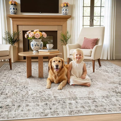 Area Rug 4x6 Vintage Rug: Washable Indoor Medallion Rugs Low Pile Distressed Floor Carpet Retro Accent Rug for Living Room Bedroom Kitchen Dining Table Home Office(Distressed Taupe, 4'x6')