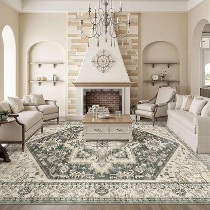 9x12 Area Rugs for Living Room - Large Carpet Ultra Thin Soft Washable Oriental Vintage Floral Distressed Rug Big Indoor Carpets for Bedroom Nursery Dorm Home Decor Aesthetic - Vintage Green