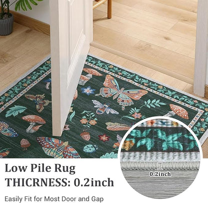 4 x 6 Rug Non-Slip Washable Carpet - Mushroom Soft Low-Pile Stain Resistant Foldable Rugs for Nursery Kitchen Bedroom Living Room Entryway Indoor Mat with Rubber Back Black