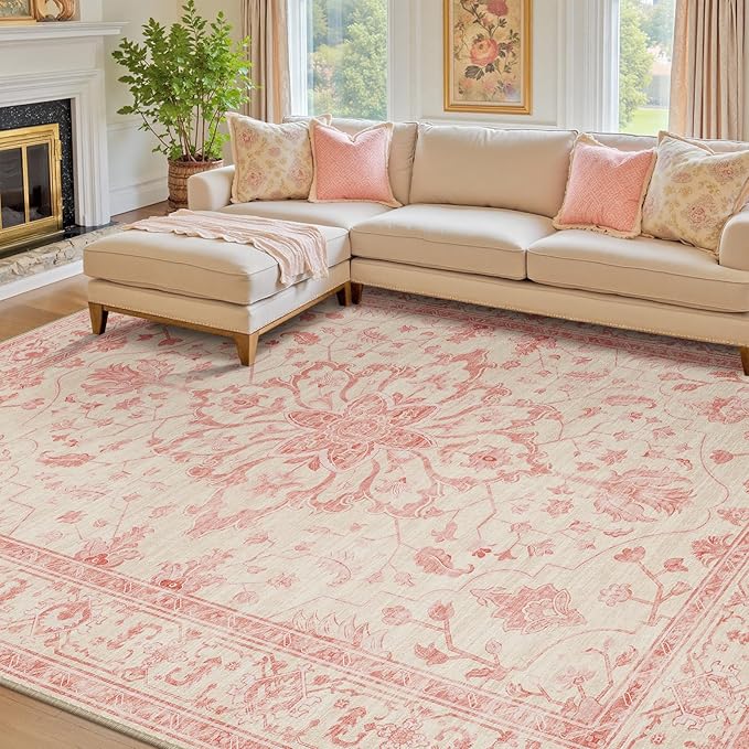 RELEANY Area Rugs 8'x10' Washable Non-Slip, Floral Vintage Distress Print Pattern Medallion Carpet for Living Room Bedroom Dining Room, Pink Light Vintage Pink