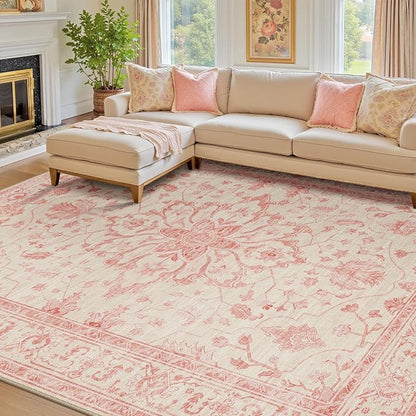 RELEANY Area Rugs 8'x10' Washable Non-Slip, Floral Vintage Distress Print Pattern Medallion Carpet for Living Room Bedroom Dining Room, Pink Light Vintage Pink