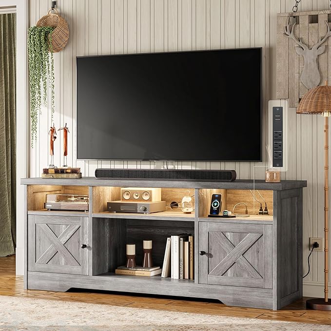 Casaottima TV Stand for 65 Inch TV, Farmhouse Entertainment Center with Power Outlet & LED Light and Storage Cabinets, Console Table and Media Furniture for Living Room Bedroom, Gray Oak