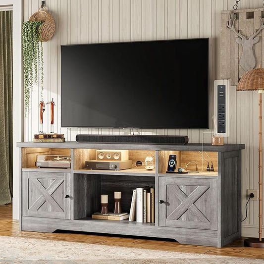 Casaottima TV Stand for 65 Inch TV, Farmhouse Entertainment Center with Power Outlet & LED Light and Storage Cabinets, Console Table and Media Furniture for Living Room Bedroom, Gray Oak