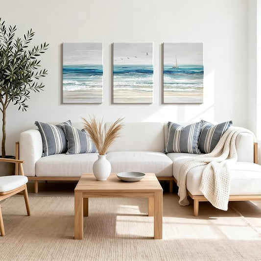 WENGTIAO Abstract Ocean Wall Art Set of 3 Blue Beach Canvas Paintings Minimalist Coastal Prints Pictures Sail Boat Home Decor Seascape Artwork for Living Room Bedroom Hallway 16”x24”x3Pcs