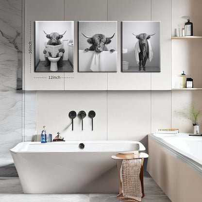Funny Bathroom Highland Cow Wall Art, Black and White Cute Cow Animal Canvas Posters Prints Set of 3, Vintage Rustic Farmhouse Home Pictures Wall Decor Painting for Bathroom Restroom Framed 12x16 Inch