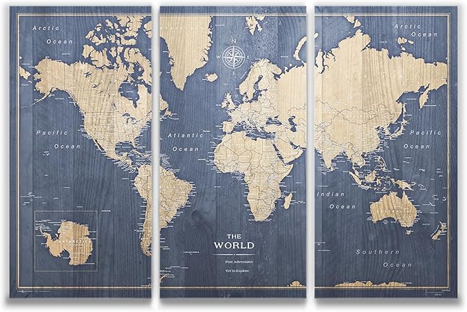 Conquest Maps World Travel Map with Pins Deep-Sea Drift Style Push Pin Travel Map Cork Board, Track Your Travels w/a Handmade Unique Canvas Pinable Map (54" x 36")