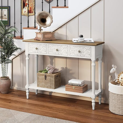 3More Entryway Console Table with 3 Drawers,42" Carved Hallway Table with Open Shelf,Long Sofa Table for Living Room, Hallway, Behind Couch,White