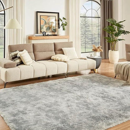 Floralux 9x12 Living Room Rug, Tie-Dyed Light Grey, Large Shag Bedroom Rugs, Soft Fluffy Shaggy Carpets