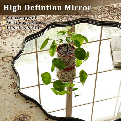 24 Inch Scalloped Round Wall Mirror, Black Wavy Edge Frame Circle Mirror for Bathroom, Bedroom, Entryway, Living Room for Wall Decor