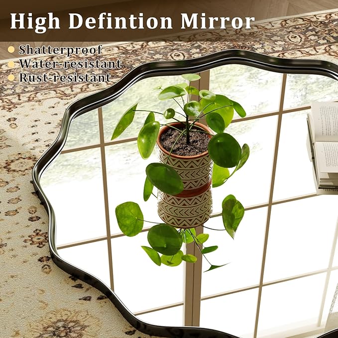 30 Inch Scalloped Round Wall Mirror, Black Wavy Edge Frame Circle Mirror for Bathroom, Bedroom, Entryway, Living Room for Wall Decor