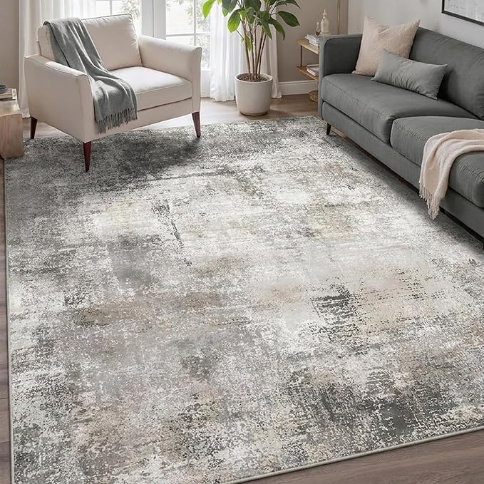 GENIMO 6x9 Area Rugs for Living Room, Machine Washable Non Slip Rugs, Low Pile Lightweight Vintage Print Rug for Bedroom, Dining Room, Home Office, Abstract Grey