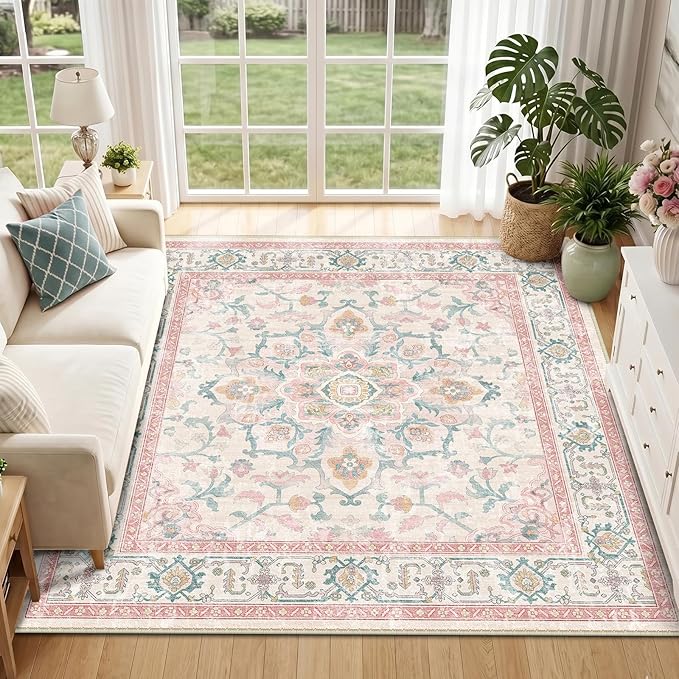 CAPALOCA Machine Washable Rugs Nursery Rug Sq6ft Cute Girl Non Slip Low Pile Water Repellent Soft Print Pattern for Bedroom Indoor Decor Kids Playroom Pink Teal