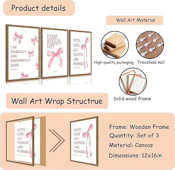 JBZDD Wood Coquette Pink Bow Canvas Wall Art Set of 3, Inspirational Bible Verses Decor Posters Pictures Prints Aesthetic for Girls Room College Apartment Living Room Bedroom Framed 12x16 Inch