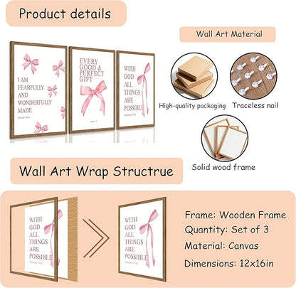 JBZDD Wood Coquette Pink Bow Canvas Wall Art Set of 3, Inspirational Bible Verses Decor Posters Pictures Prints Aesthetic for Girls Room College Apartment Living Room Bedroom Framed 12x16 Inch