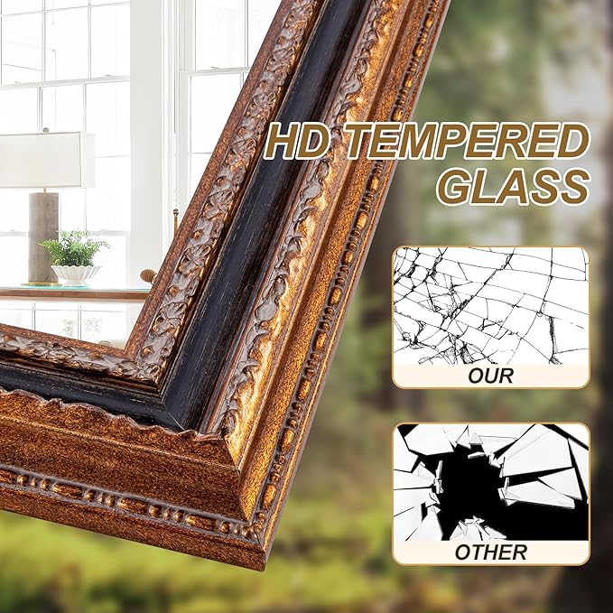 Bronze Accent Mirror 41.5" X 30", Antique Mirror | Handmade Aging 3D Carvings Wood Frame | Vintage Farmhouse Decor for Entryway, Living Room, Bathroom and Bedroom