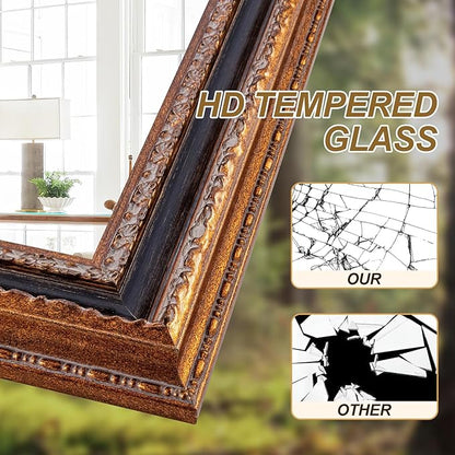Bronze Accent Mirror 41.5" X 30", Antique Mirror | Handmade Aging 3D Carvings Wood Frame | Vintage Farmhouse Decor for Entryway, Living Room, Bathroom and Bedroom