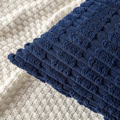 MIULEE Pack of 2 Corduroy Decorative Throw Pillow Covers 12x12 Inch Soft Boho Striped Pillow Covers Modern Farmhouse Home Decor for Summer Coastal Sofa Living Room Couch Bed Dark Blue