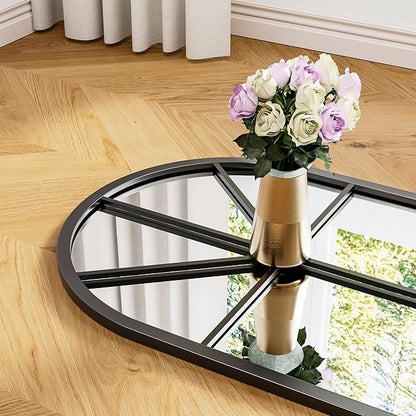 OGCAU Full Length Arched Floor Mirror, 65"x22" Window Pane Design, Decorative Hanging or Leaning, Full Body with Iron Frame for Bedroom Living Room (Black)