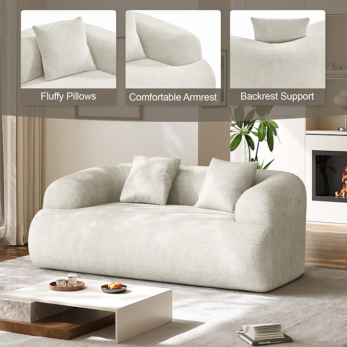 75" Boneless Cloud Loveseat, Modern Cute Curved Chenille Sofa, 2 Seater Compression Couch with 2 Pillows, No Assembly Required for Apartment Living Room, Beige White