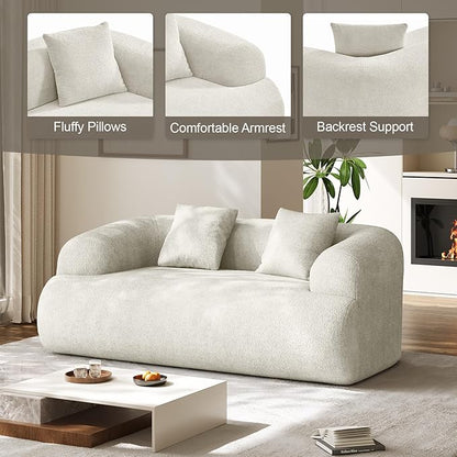 75" Boneless Cloud Loveseat, Modern Cute Curved Chenille Sofa, 2 Seater Compression Couch with 2 Pillows, No Assembly Required for Apartment Living Room, Beige White