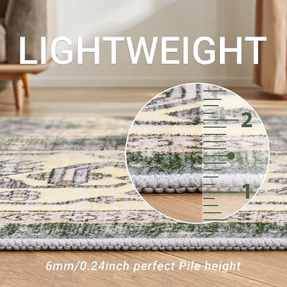 8x10 Washable Area Rug - Non Slip Vintage Rugs Soft Foldable Stain Resistant Large Carpet for Bedroom Living Room Office & Home Decor (Green,8'x10')