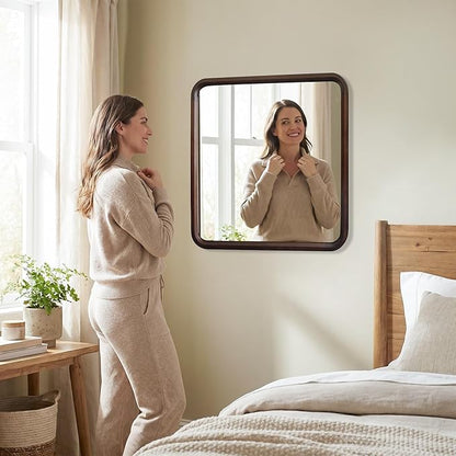 Wood Bathroom Mirror for Wall,Rectangle 30 x 30 inch Hanging Vanity Brown Tempered Mirrors with Rounded Corner for Living Room,Bedroom,Entryway