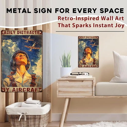Airplanes Sign for Home Decor Easily Distracted By Airplanes Vintage Metal Poster Retro Art Decor for Backyard Garage Man Cave Shed Office Craft Room 8x12inch