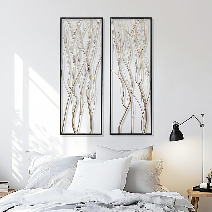 LuxenHome Metal Wall Decor, 36" Luxury Living Room Metal Wall Art, Set of 2 Gold Wall Decor, Bedroom Wall Decorations with Frame for Home, Bedroom, Kitchen, Office, Dining Room, Gold/Black
